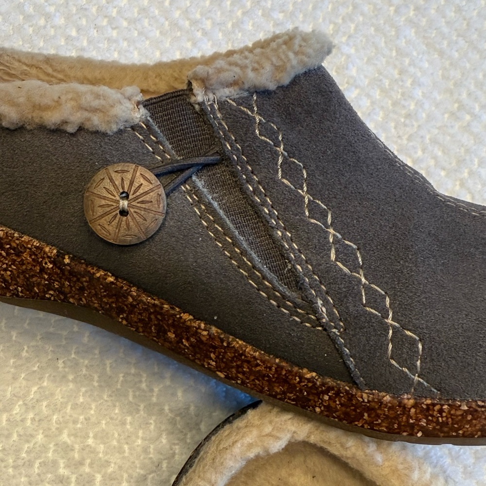 Earth Origins Suede Johanna Gray Faux Fur Clogs Mule Slip On